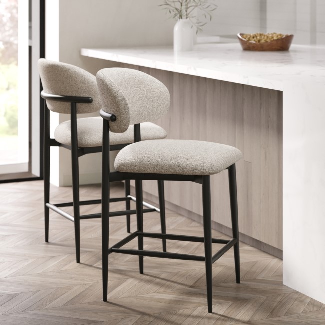 Set of 2 Cream and Black Upholstered Curved Kitchen Stools With Wooden Exposed Back - Kori