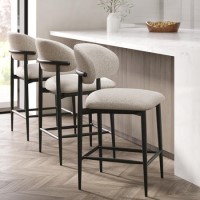 Set of 3 Cream and Black Upholstered Curved Kitchen Stools With Wooden Exposed Back - Kori