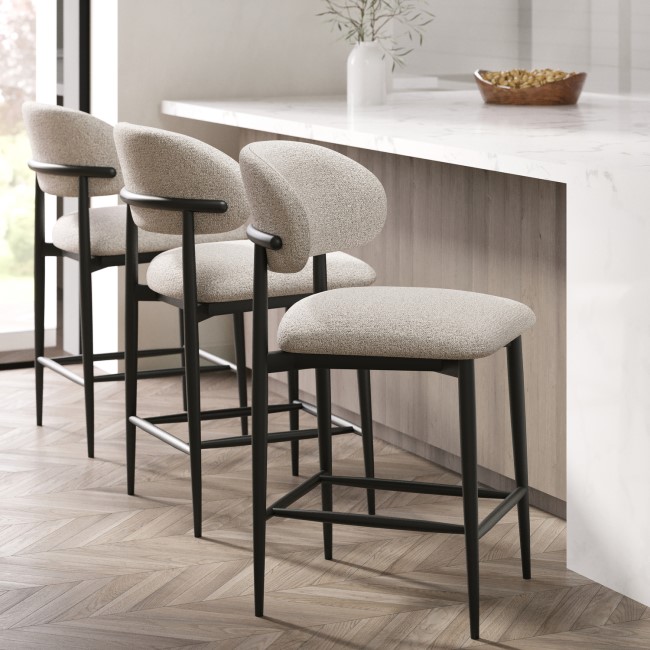 Set of 3 Cream and Black Upholstered Curved Kitchen Stools With Wooden Exposed Back - Kori