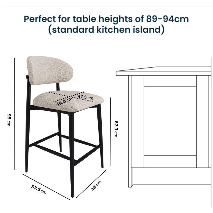 Set of 3 Cream and Black Upholstered Curved Kitchen Stools With Wooden Exposed Back - Kori