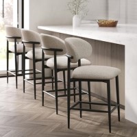 Set of 4 Cream and Black Upholstered Curved Kitchen Stools With Wooden Exposed Back - Kori Set of 4 Cream and Black Upholstered Curved Kitchen Stools With Wooden Exposed Back - Kori