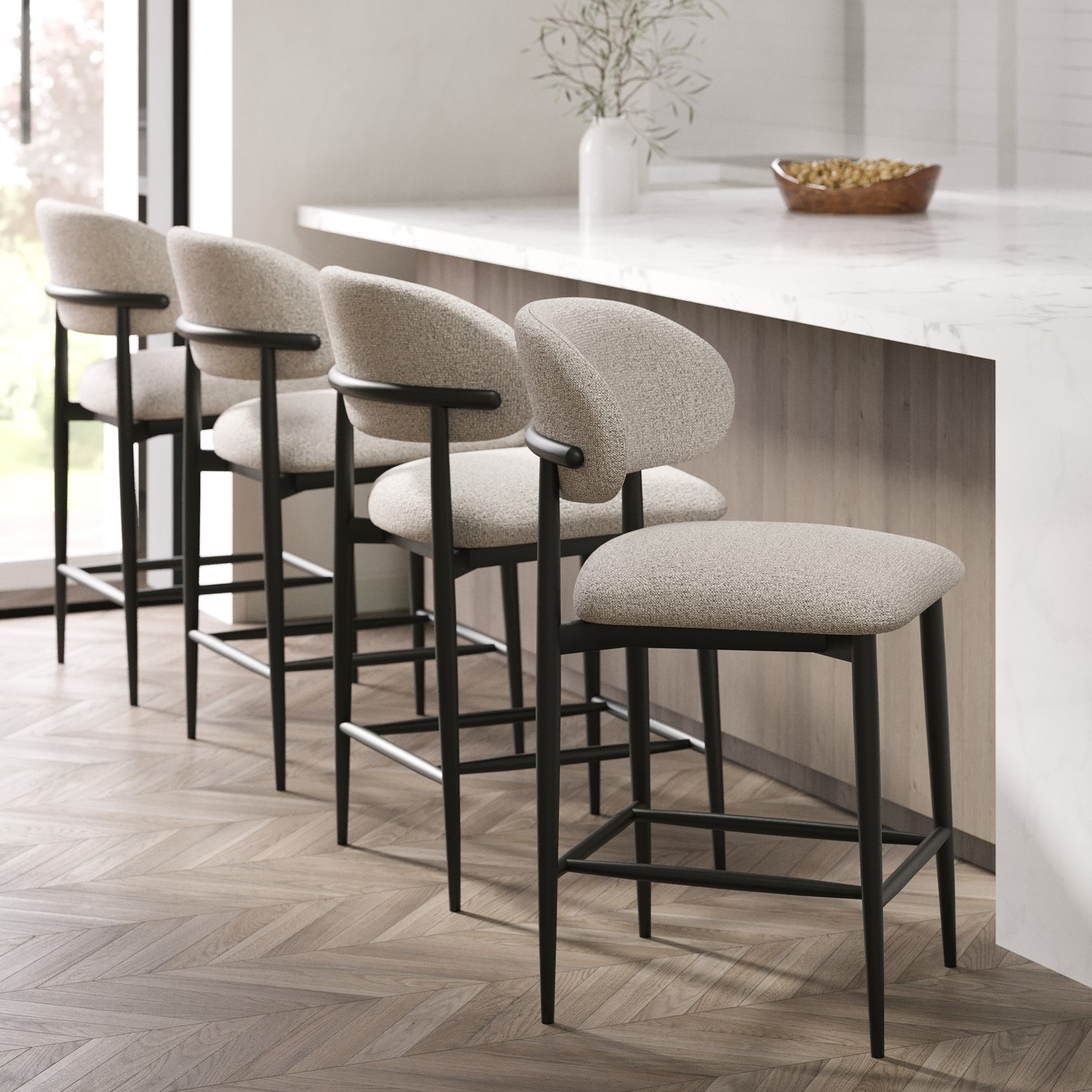 Set 4 Cream Upholstered Curved Kitchen Stools Wooden Exposed Back Available as individual set 2 3