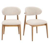 Set of 2 Beige Upholstered Curved Dining Chairs with Solid Rustic Oak Open Back - Kori