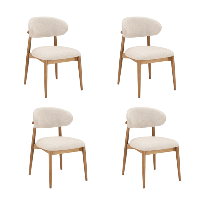 Set of 4 Beige Upholstered Curved Dining Chairs with Solid Rustic Oak Open Back - Kori