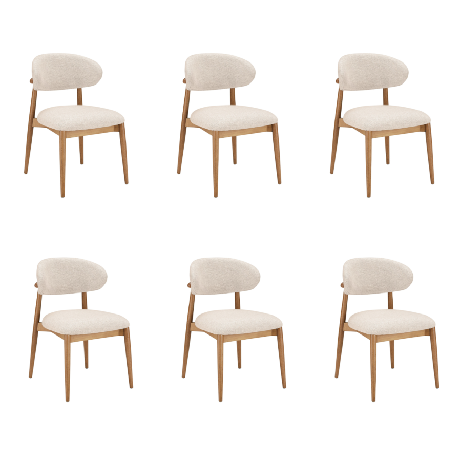 Set of 6 Beige Upholstered Curved Dining Chair With Solid Oak Exposed Back - Kori