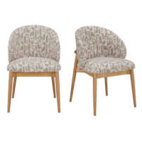 Set of 2 Beige Printed Upholstered Curved Dining Chairs With Solid Rustic Oak Exposed Back - Kori Set of 2 Beige Printed Upholstered Curved Dining Chairs With Solid Rustic Oak Exposed Back - Kori