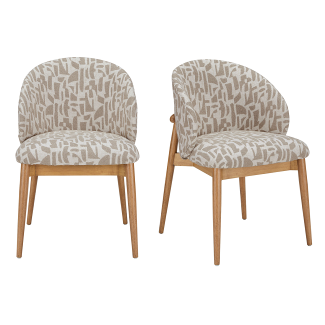 Set of 2 Beige Printed Upholstered Curved Dining Chairs with Oak Legs - Kori