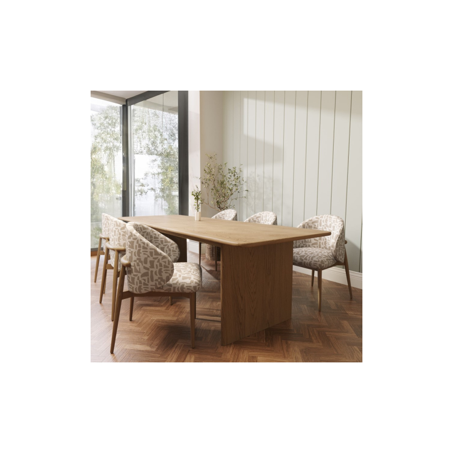 Set of 2 Beige Printed Upholstered Curved Dining Chairs With Solid Rustic Oak Exposed Back - Kori