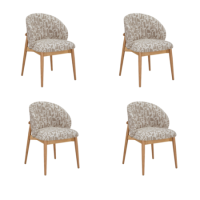 Set of 4 Beige Printed Upholstered Curved Dining Chairs with Oak Legs - Kori