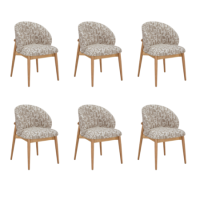 Set of 6 Beige Printed Upholstered Curved Dining Chairs With Solid Rustic Oak Exposed Back - Kori