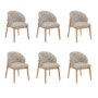 Set of 6 Beige Printed Upholstered Curved Dining Chairs With Solid Rustic Oak Exposed Back - Kori