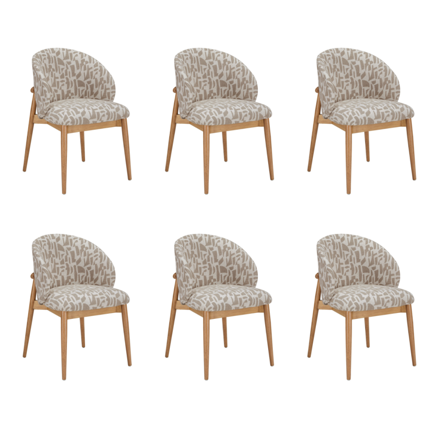 Set of 6 Beige Printed Upholstered Curved Dining Chairs With Solid Rustic Oak Exposed Back - Kori