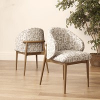 Beige Printed Upholstered Curved Dining Chair With Solid Rustic Oak Exposed Back - Kori
