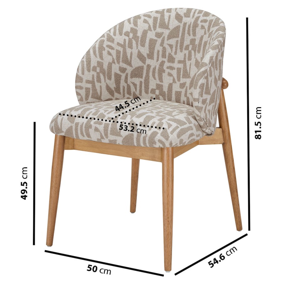GRADE A1 - Beige Printed Upholstered Curved Dining Chair With Solid Rustic Oak Exposed Back - Kori