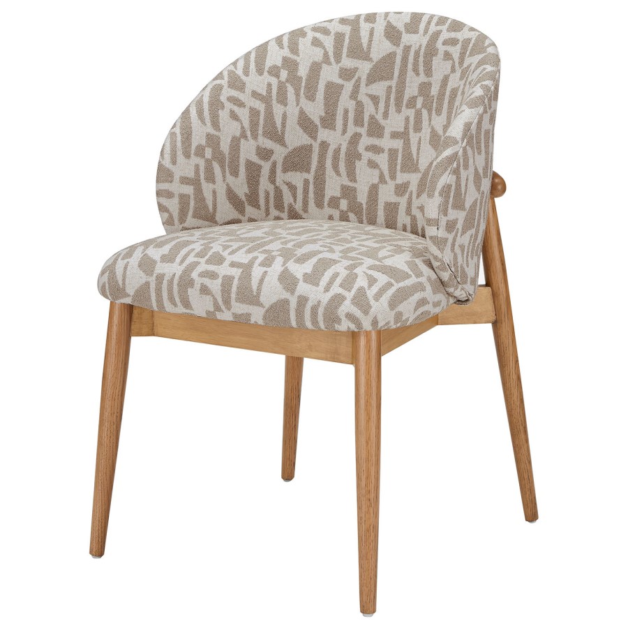 GRADE A1 - Beige Printed Upholstered Curved Dining Chair With Solid Rustic Oak Exposed Back - Kori