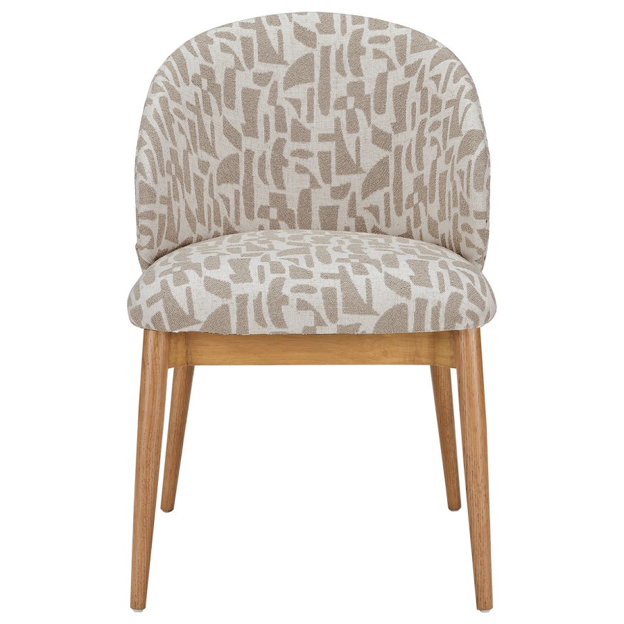 GRADE A1 - Beige Printed Upholstered Curved Dining Chair With Solid Rustic Oak Exposed Back - Kori