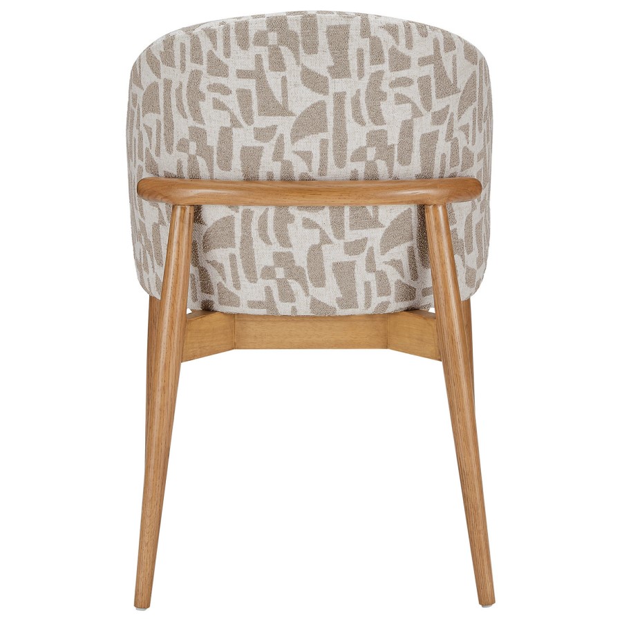 Beige Printed Upholstered Curved Dining Chair With Solid Rustic Oak Exposed Back - Kori