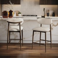 Set of 2 Walnut and Beige Upholstered Curved Kitchen Stools with Open Back - Kori