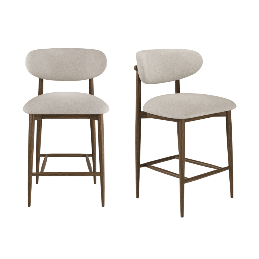 Set of 2 Walnut and Beige Upholstered Curved Kitchen Stools with Open Back - Kori