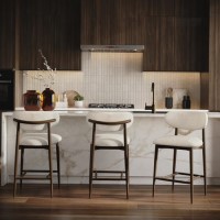 Set of 3 Walnut and Beige Upholstered Curved Kitchen Stools with Open Back - Kori