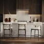 Set of 3 Walnut and Beige Upholstered Curved Kitchen Stools with Open Back - Kori
