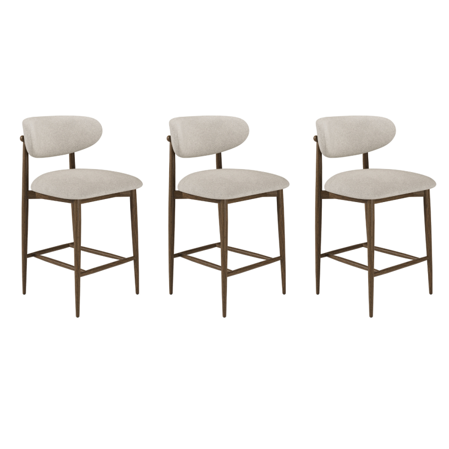 Set of 3 Walnut and Beige Upholstered Curved Kitchen Stools with Open Back - Kori