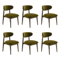 BUN/KOR012/99398 Set of 6 Walnut and Olive Green Upholstered Curved Dining Chairs with Open Back - Kori