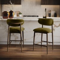Set of 2 Walnut and Olive Green Upholstered Curved Kitchen Stools with Open Back - Kori