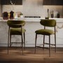 Set of 2 Walnut and Olive Green Upholstered Curved Kitchen Stools with Open Back - Kori