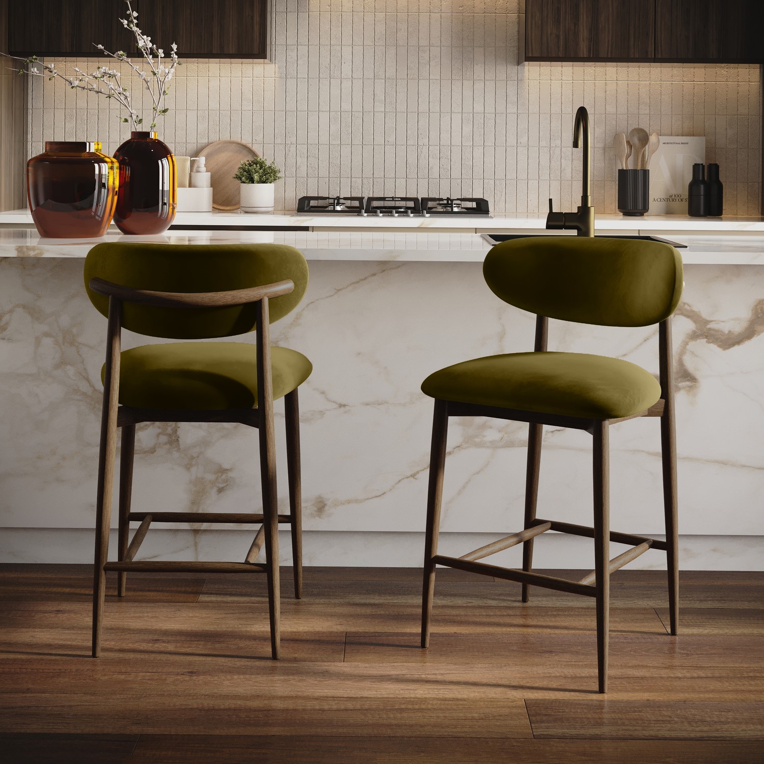 Set 2 Walnut Olive Green Upholstered Curved Kitchen Stools Open Back
