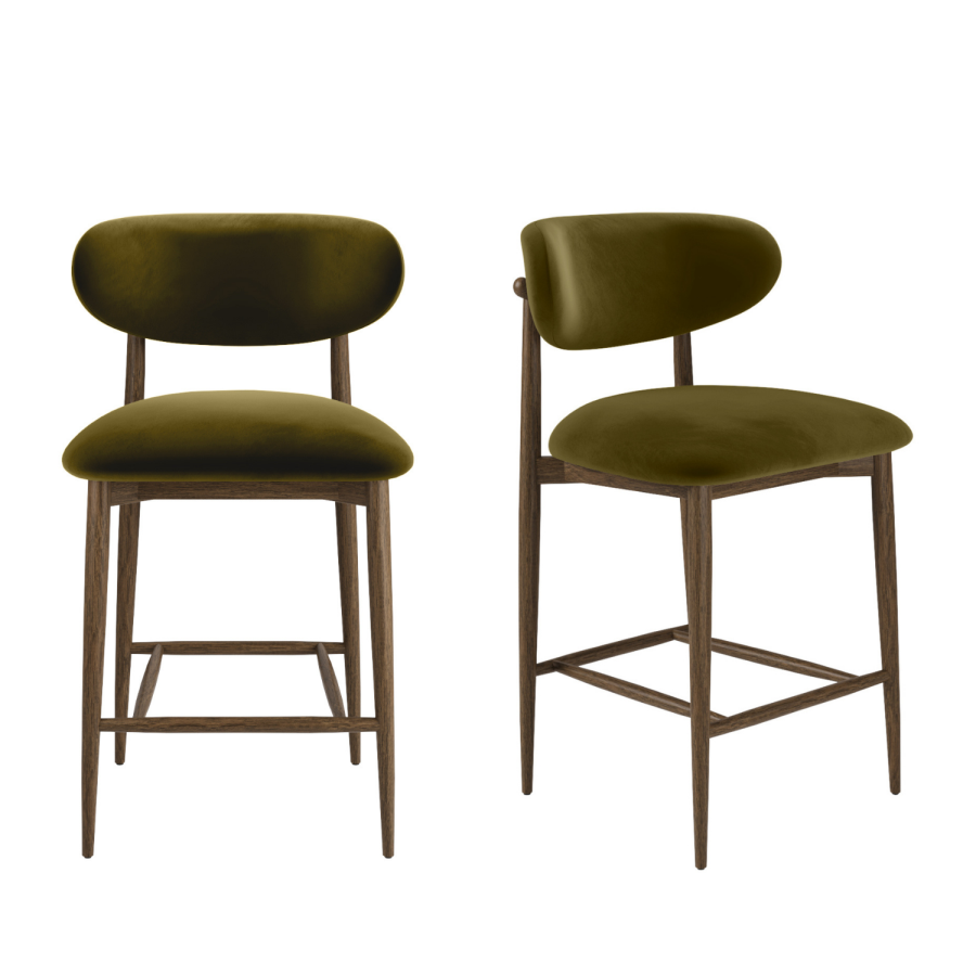 Set of 2 Walnut and Olive Green Upholstered Curved Kitchen Stools with Open Back - Kori