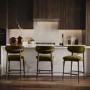 Set of 3 Walnut and Olive Green Upholstered Curved Kitchen Stools with Open Back - Kori