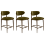 Set of 3 Walnut and Olive Green Upholstered Curved Kitchen Stools with Open Back - Kori