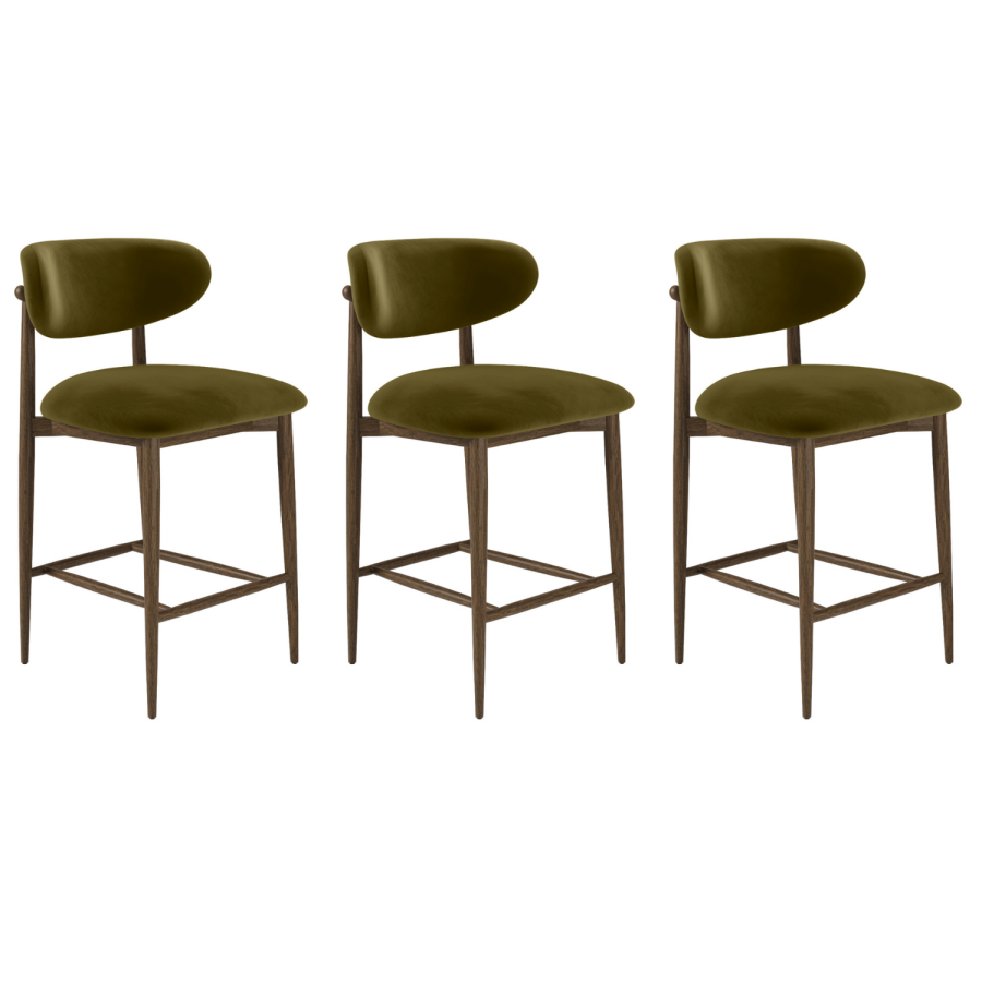 Set of 3 Walnut and Olive Green Upholstered Curved Kitchen Stools with Open Back - Kori