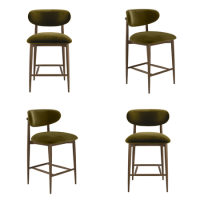 Set of 4 Walnut and Olive Green Upholstered Curved Kitchen Stools with Open Back - Kori