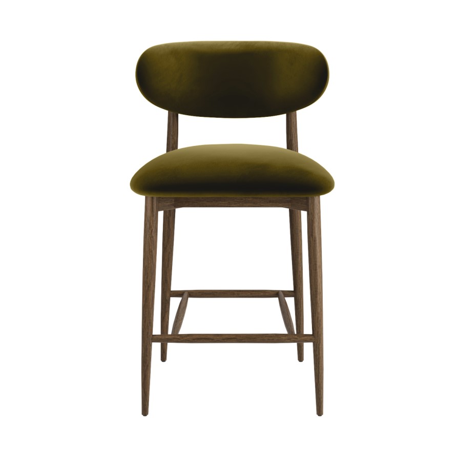 Walnut and Olive Green Upholstered Curved Kitchen Stool with Open Back - Kori