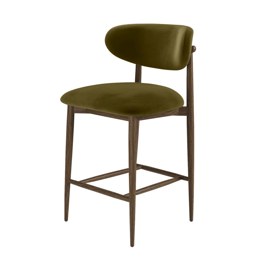 Walnut and Olive Green Upholstered Curved Kitchen Stool with Open Back - Kori