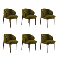 Set of 6 Walnut and Olive Green Upholstered Curved Dining Chairs with Exposed Back - Kori