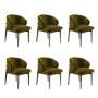 Set of 6 Walnut and Olive Green Upholstered Curved Dining Chairs with Exposed Back - Kori