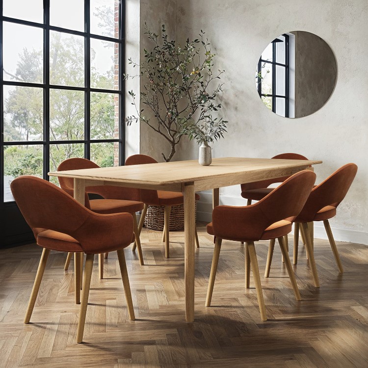 Oak Extendable Dining Table Set with 6 Burnt Orange fabric chairs - Leena