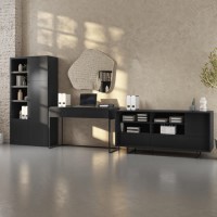 Matt Black Office Desk with Tall Storage Unit and Sideboard Set - Larsen