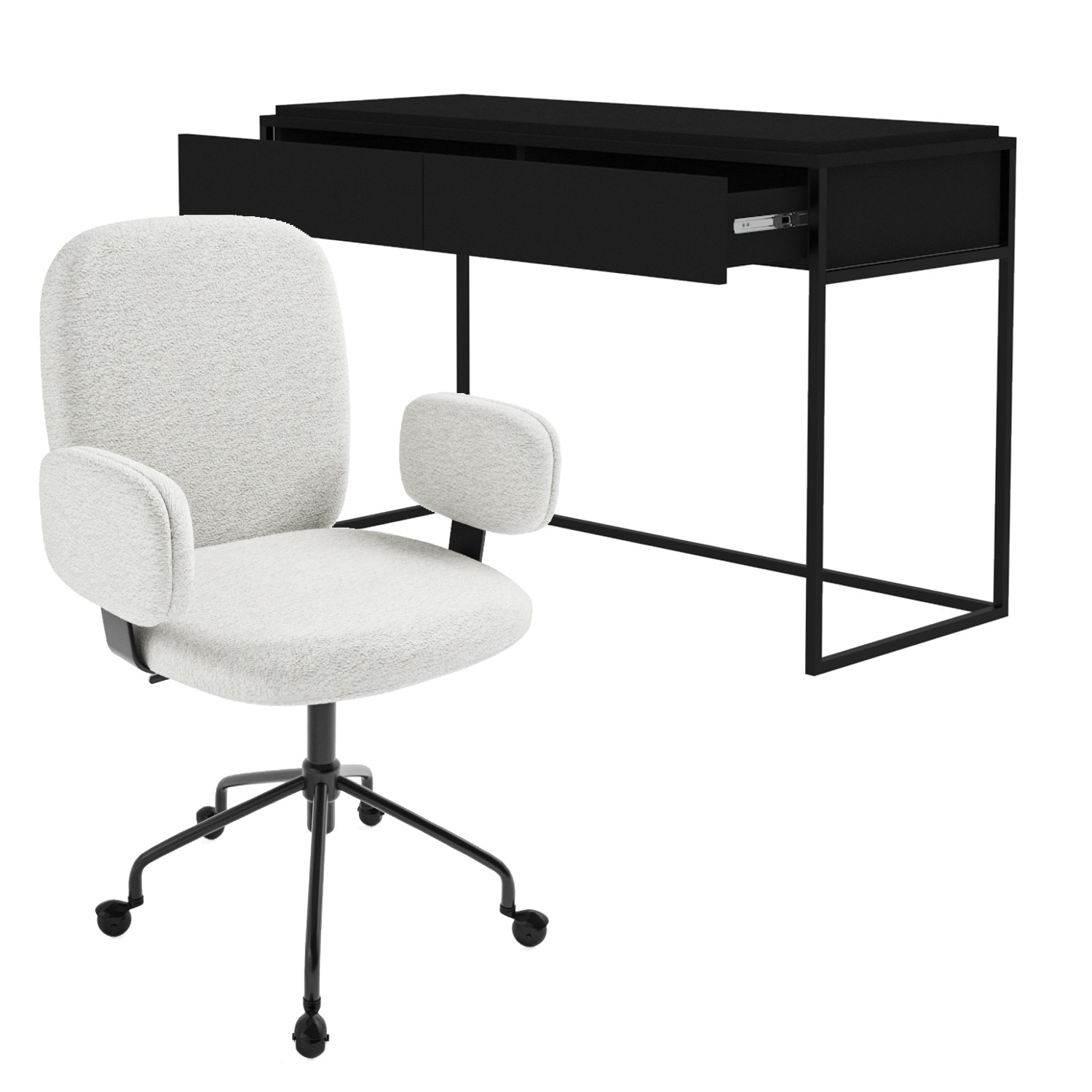Matt Black Wood Computer Desk with Drawer & Cream Boucle Office Chair ...