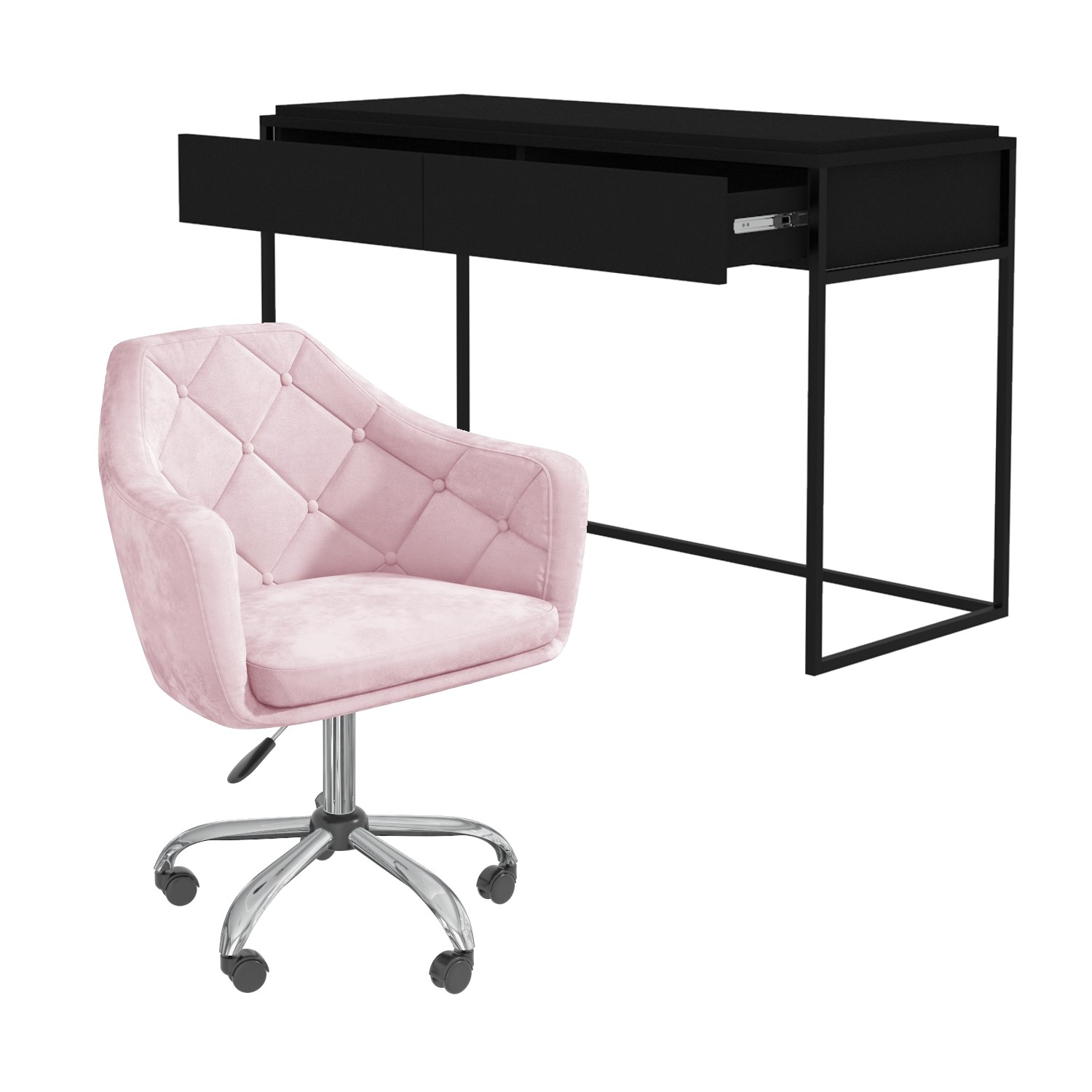 Matt black wood computer desk with drawer & baby pink velvet