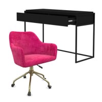 Matt Black Wood Computer Desk with Drawer & Hot Pink Velvet Office Chair with Gold Base - Larsen - Marley