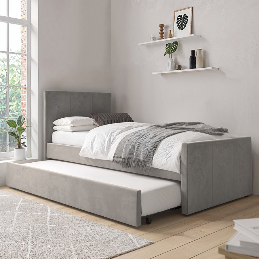 ALMOST PERFECT - Single Guest Bed with Trundle in Grey Velvet - Layla