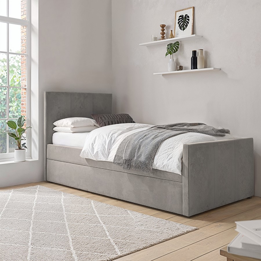 ALMOST PERFECT - Single Guest Bed with Trundle in Grey Velvet - Layla