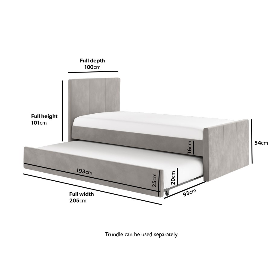 Single Guest Bed with Trundle and 2 Mattresses in Grey Velvet - Layla