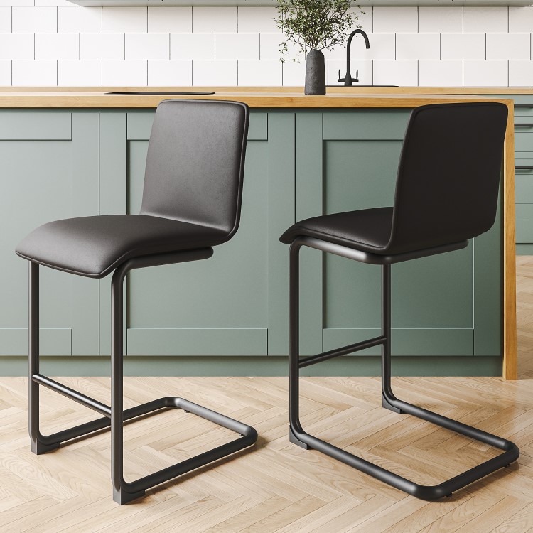 Set of 2 Black Faux Leather Cantilever Kitchen Stools - 66cm - Lucas