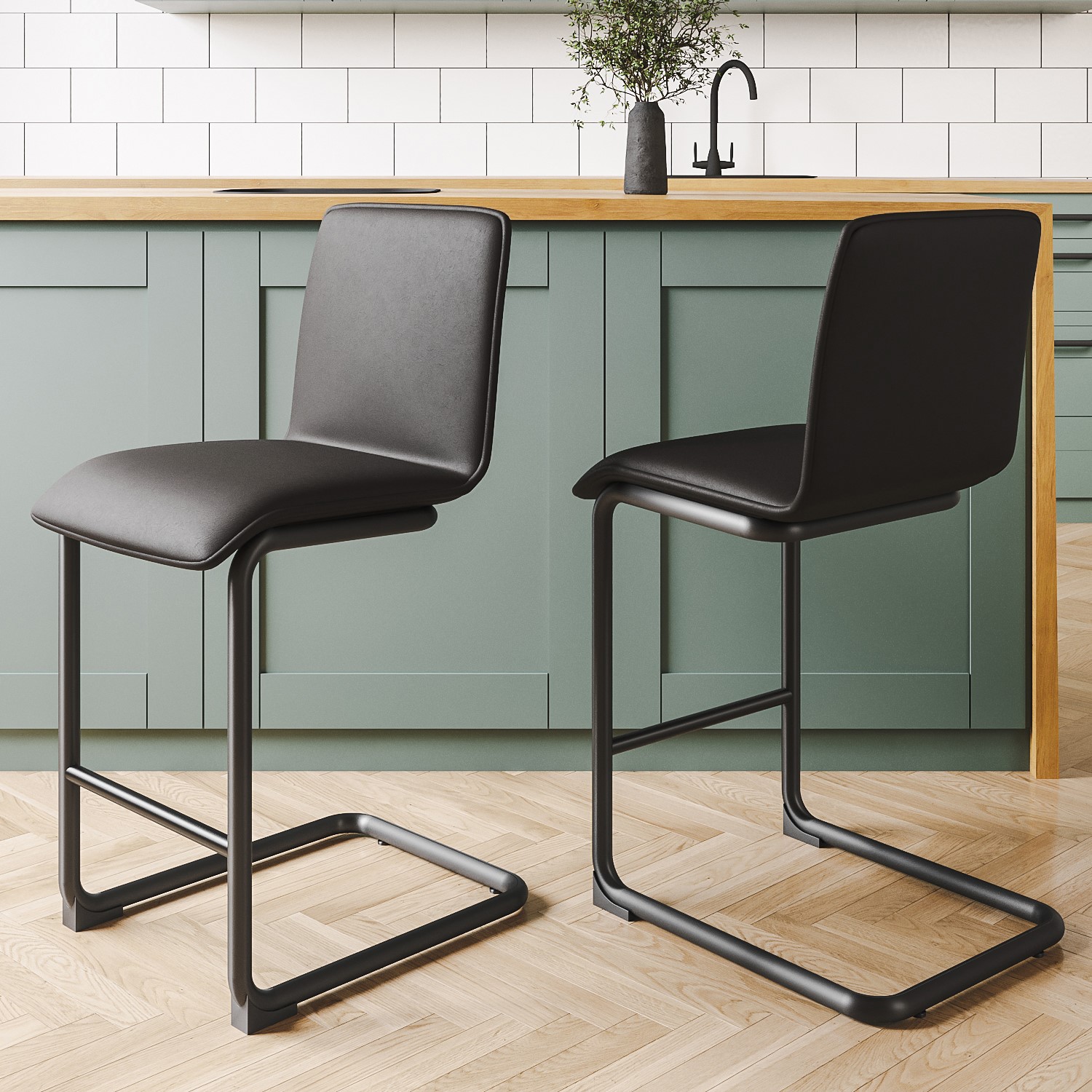 Photo of Set of 2 black faux leather cantilever kitchen stools - 66cm - lucas
