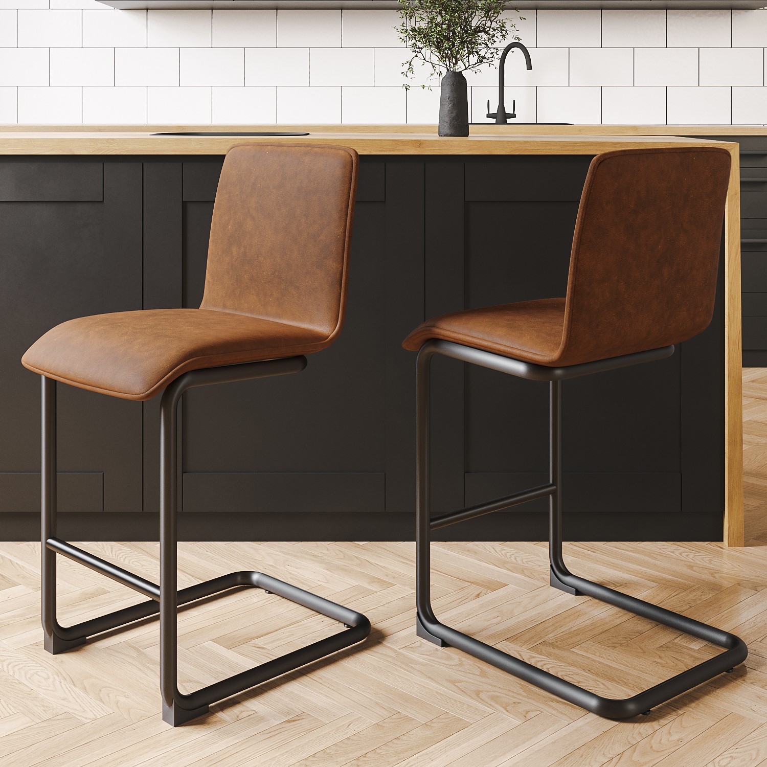 Photo of Set of 2 tan faux leather cantilever kitchen stools - lucas